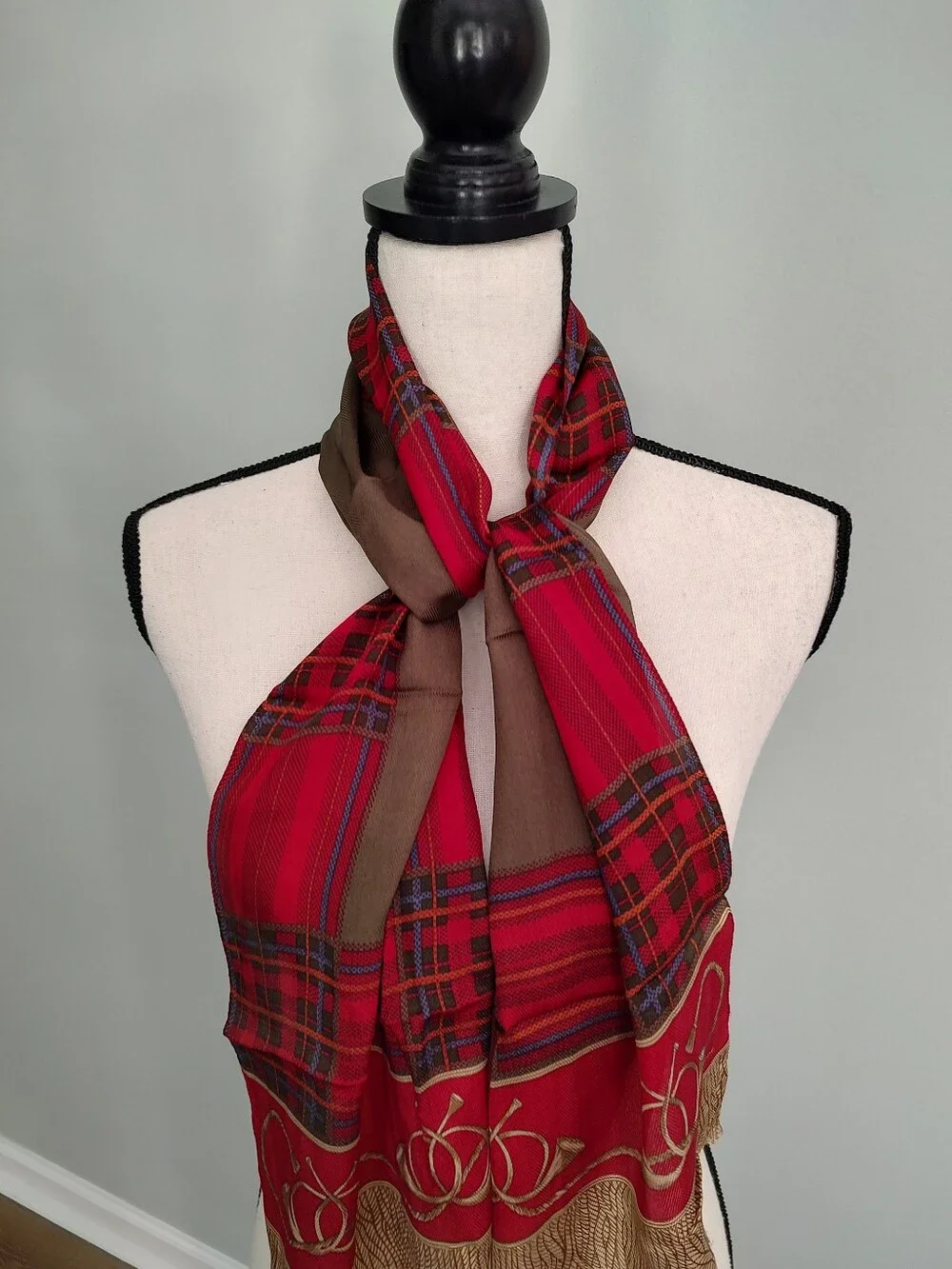 Vintage Liz Claiborne Japanese Silk Stole Scarf Equestrian Hunt Red Gold Horns